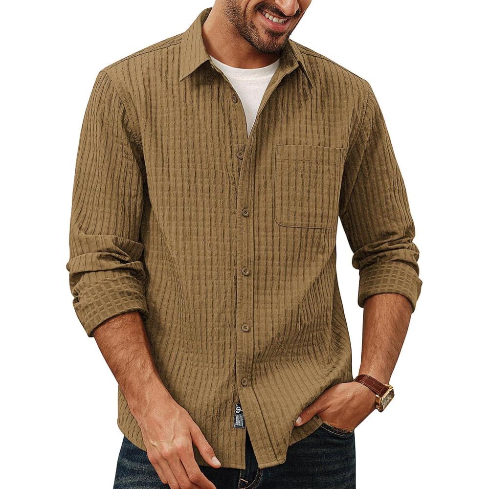 imagePJ PAUL JONES Mens Casual Button Down Shirts Long Sleeve Textured Wrinkle Free Untucked Shirt with PocketKhaki