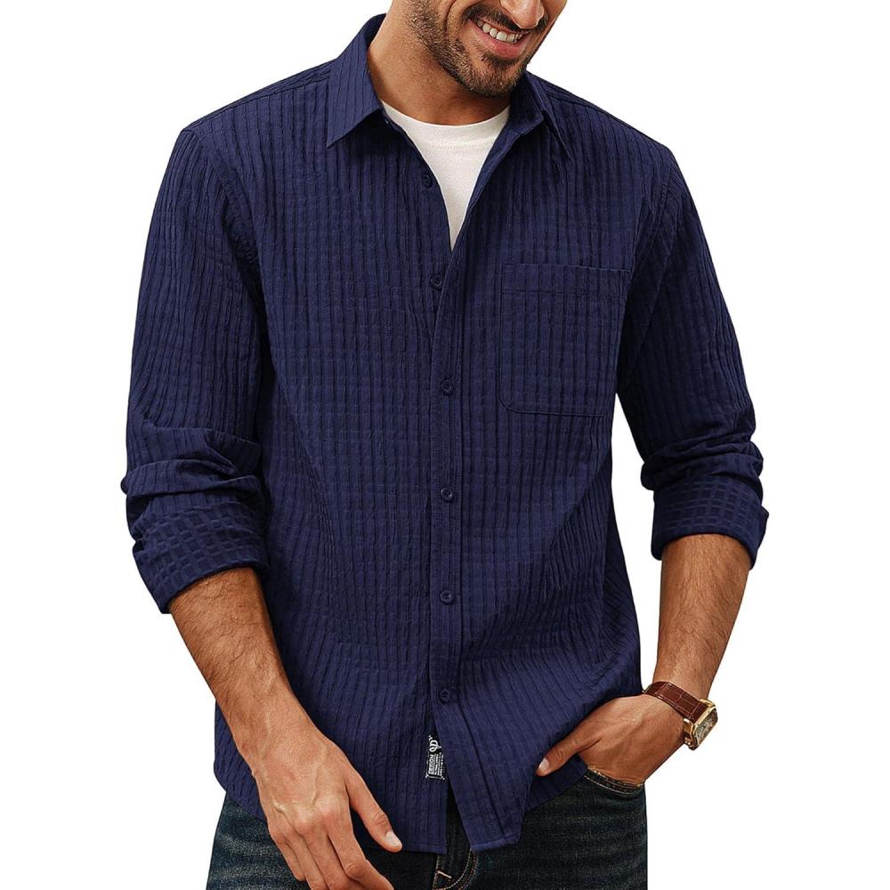 imagePJ PAUL JONES Mens Casual Button Down Shirts Long Sleeve Textured Wrinkle Free Untucked Shirt with PocketNavy Blue