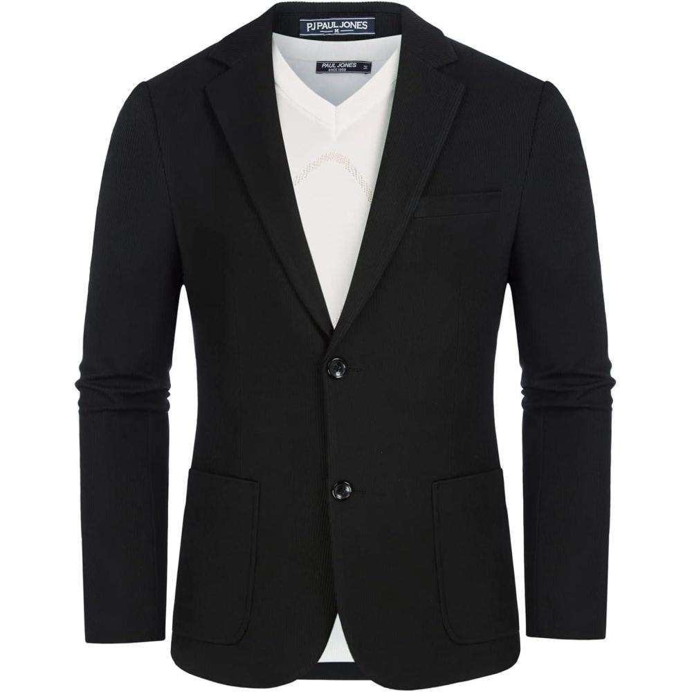 imagePJ PAUL JONES Mens Casual Knit Blazer Suit Jackets Two Button Lightweight Unlined Sport CoatBlackribbed Texture