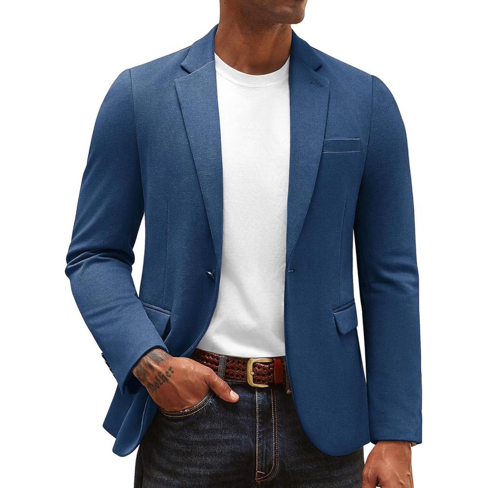 imagePJ PAUL JONES Mens Casual Knit Sport Coats One Button Slim Fit Blazer Notch Lapel Solid Suit Jacket with PocketsBlue