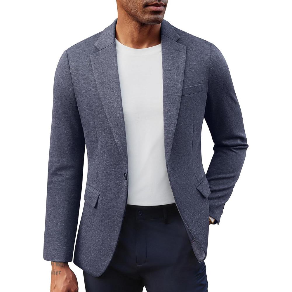 imagePJ PAUL JONES Mens Casual Knit Sport Coats One Button Slim Fit Blazer Notch Lapel Solid Suit Jacket with PocketsBlue Grey