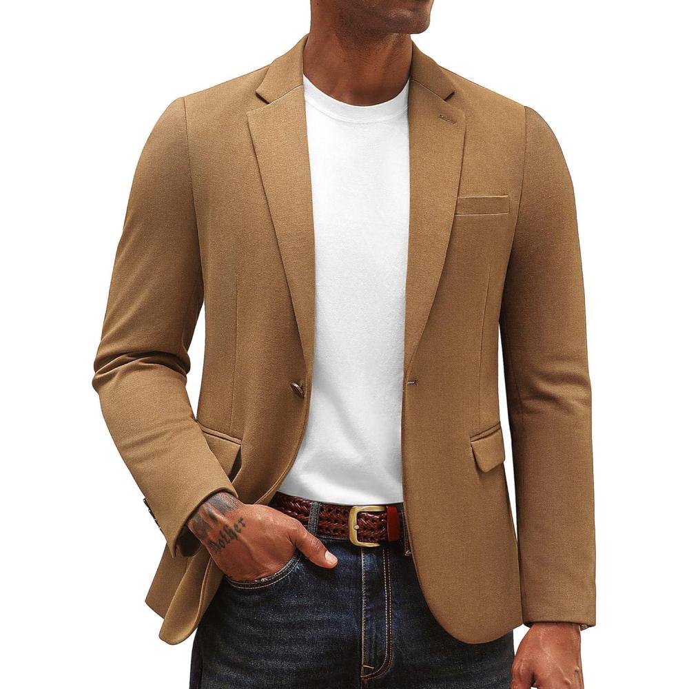 imagePJ PAUL JONES Mens Casual Knit Sport Coats One Button Slim Fit Blazer Notch Lapel Solid Suit Jacket with PocketsBrown