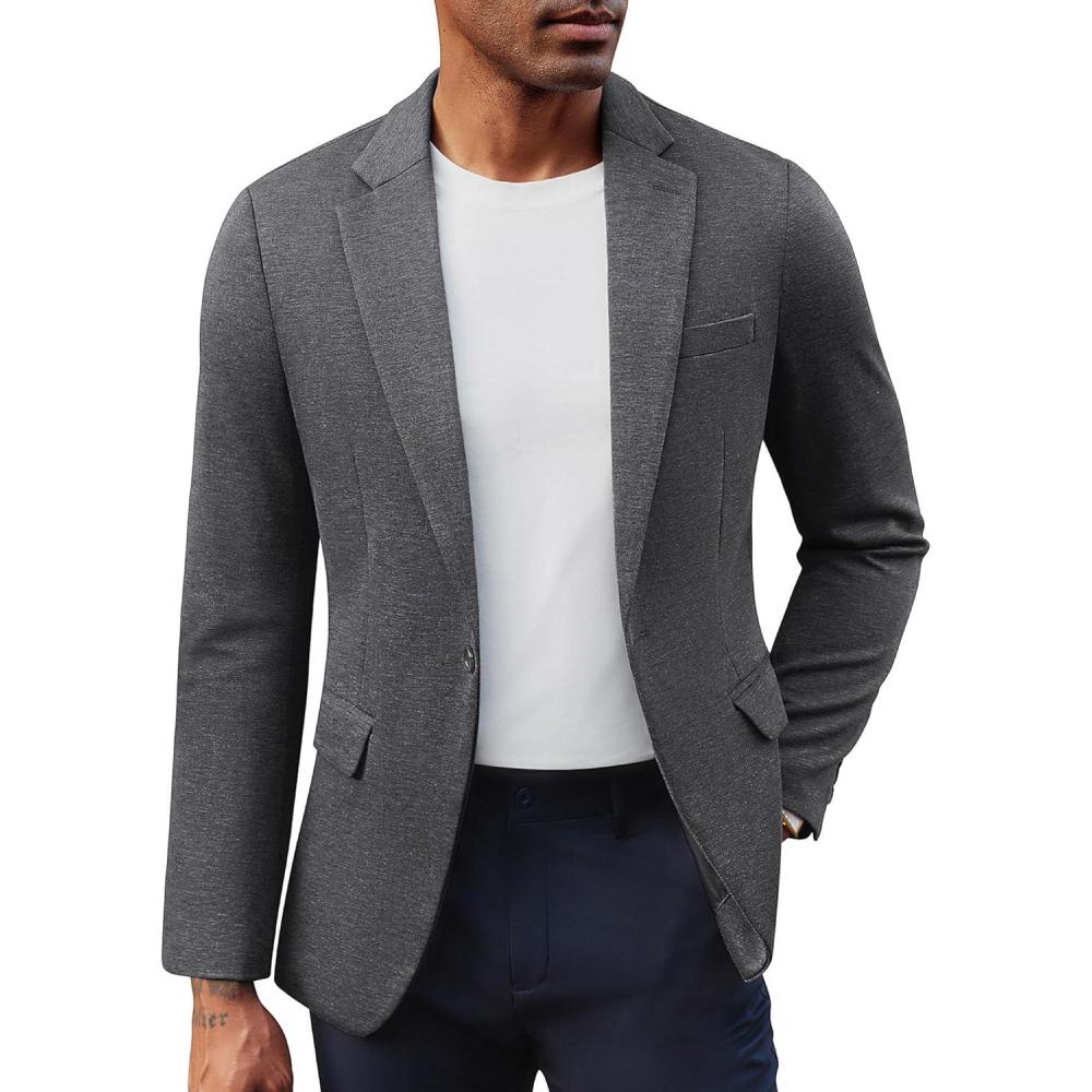imagePJ PAUL JONES Mens Casual Knit Sport Coats One Button Slim Fit Blazer Notch Lapel Solid Suit Jacket with PocketsDark Grey