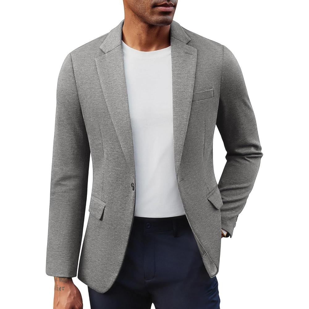 imagePJ PAUL JONES Mens Casual Knit Sport Coats One Button Slim Fit Blazer Notch Lapel Solid Suit Jacket with PocketsLight Grey