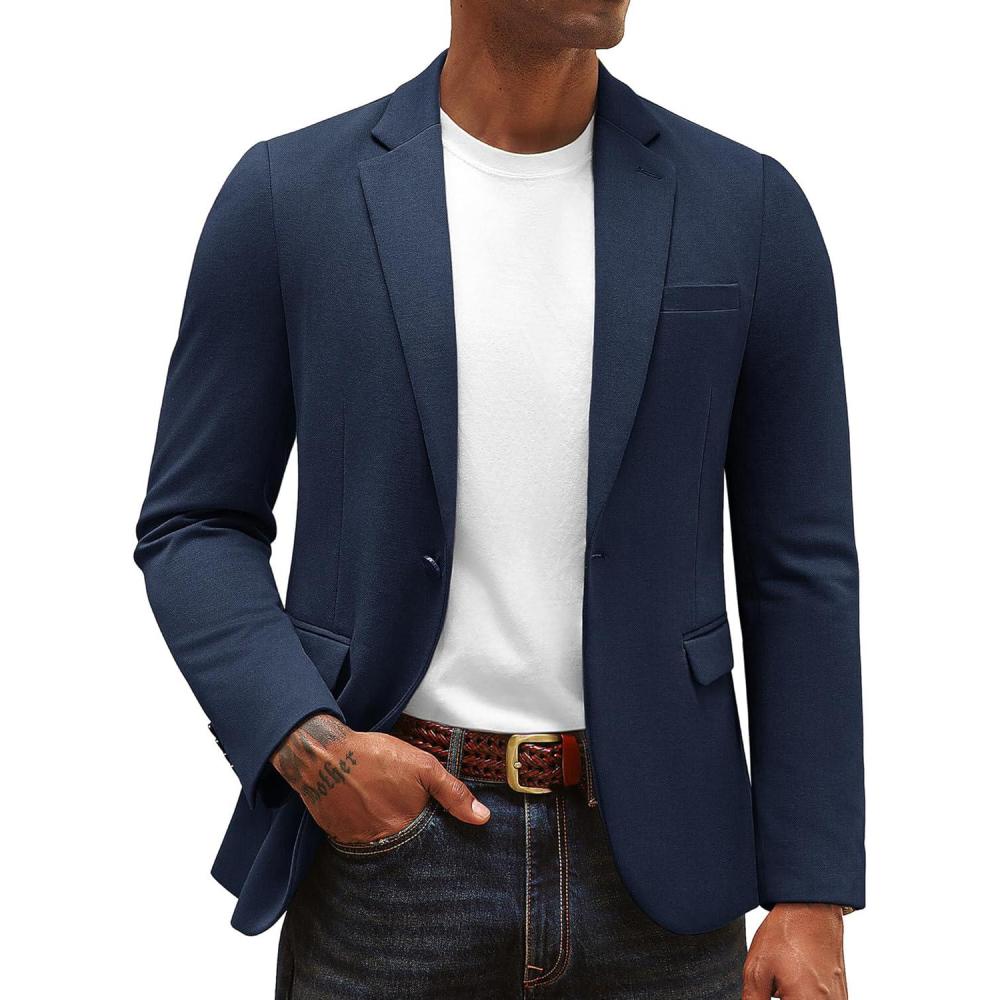 imagePJ PAUL JONES Mens Casual Knit Sport Coats One Button Slim Fit Blazer Notch Lapel Solid Suit Jacket with PocketsNavy Blue