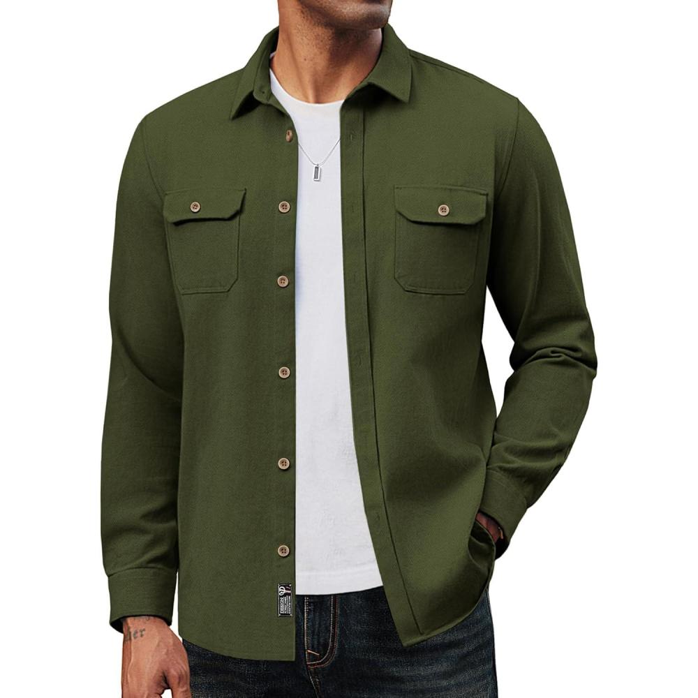 imagePJ PAUL JONES Mens Casual Shacket Cotton Twill Lightweight Jackets Button Down Shirt Jacket with PocketsArmy Green