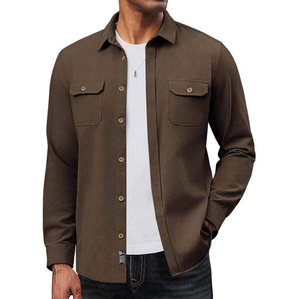 imagePJ PAUL JONES Mens Casual Shacket Cotton Twill Lightweight Jackets Button Down Shirt Jacket with PocketsDark Brown
