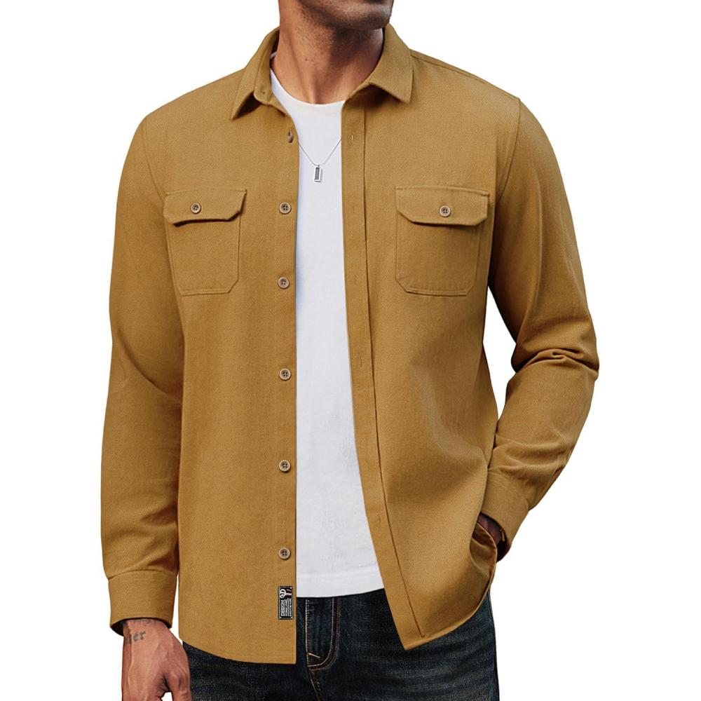imagePJ PAUL JONES Mens Casual Shacket Cotton Twill Lightweight Jackets Button Down Shirt Jacket with PocketsGinger