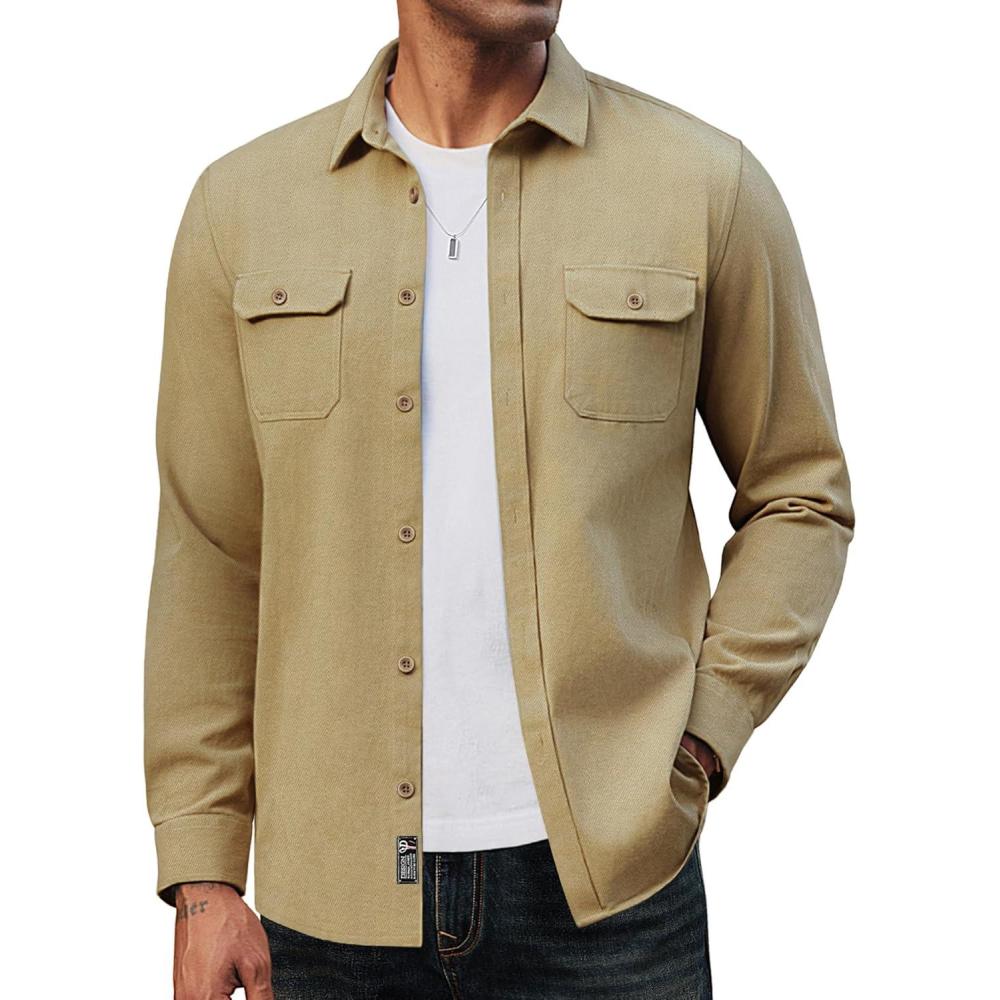 imagePJ PAUL JONES Mens Casual Shacket Cotton Twill Lightweight Jackets Button Down Shirt Jacket with PocketsKhaki