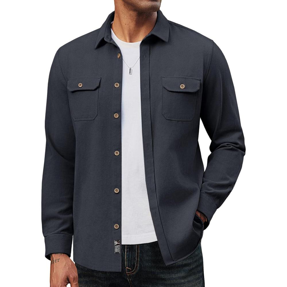 imagePJ PAUL JONES Mens Casual Shacket Cotton Twill Lightweight Jackets Button Down Shirt Jacket with PocketsNavy Blue