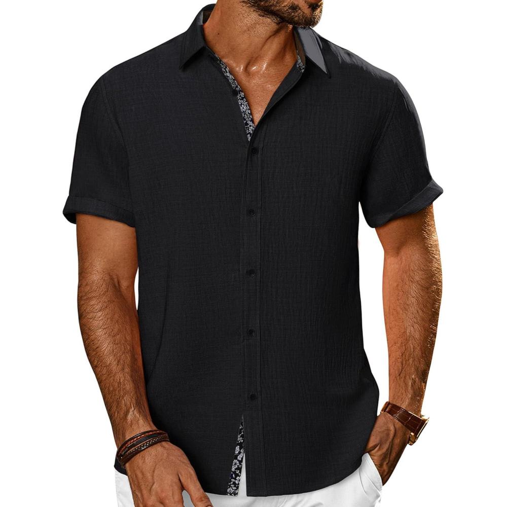 imagePJ PAUL JONES Mens Casual Short Sleeve Button Down Shirt Summer Beach Wedding ShirtBlack