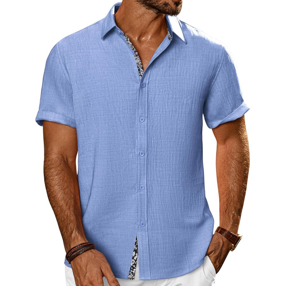 imagePJ PAUL JONES Mens Casual Short Sleeve Button Down Shirt Summer Beach Wedding ShirtClear Blue