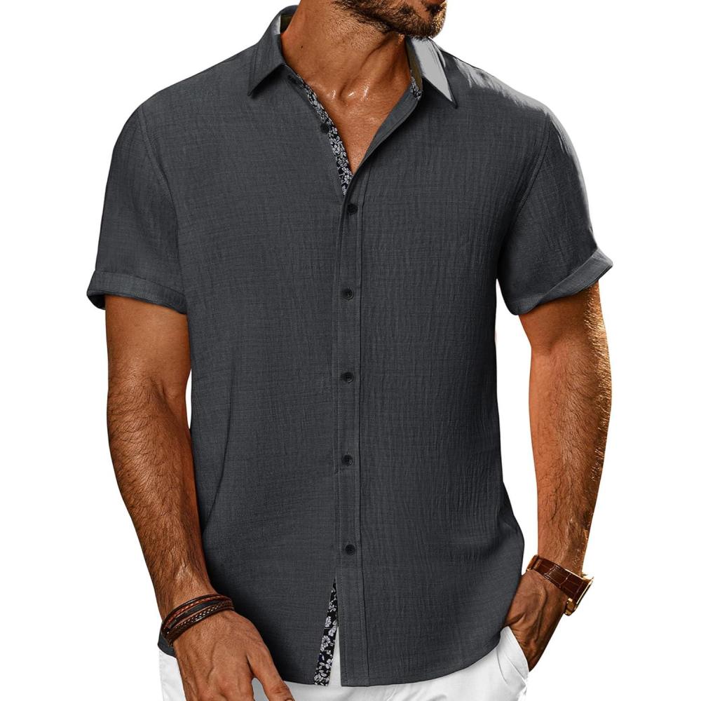 imagePJ PAUL JONES Mens Casual Short Sleeve Button Down Shirt Summer Beach Wedding ShirtDark Grey