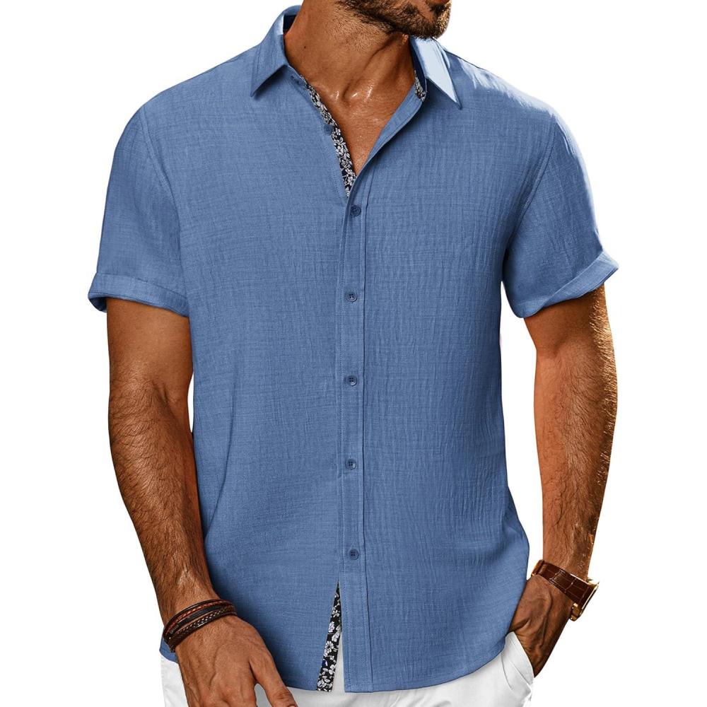 imagePJ PAUL JONES Mens Casual Short Sleeve Button Down Shirt Summer Beach Wedding ShirtGrey Blue