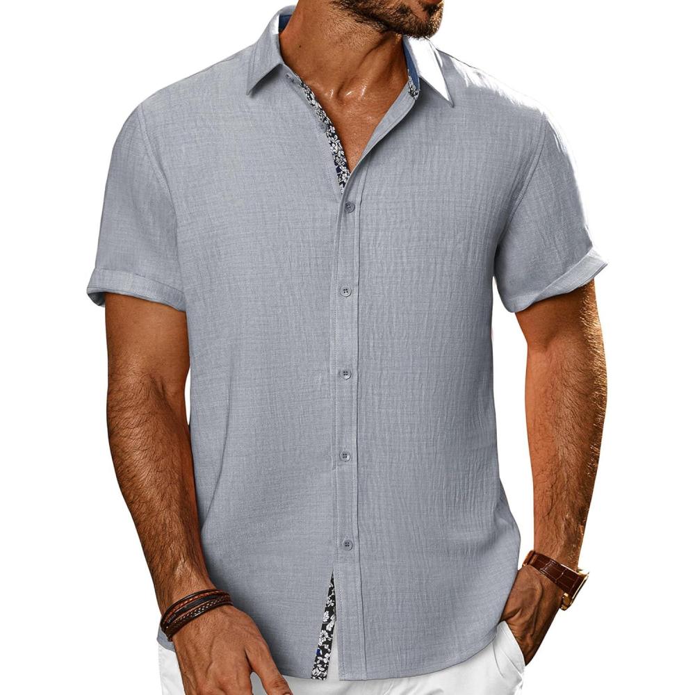 imagePJ PAUL JONES Mens Casual Short Sleeve Button Down Shirt Summer Beach Wedding ShirtLight Grey