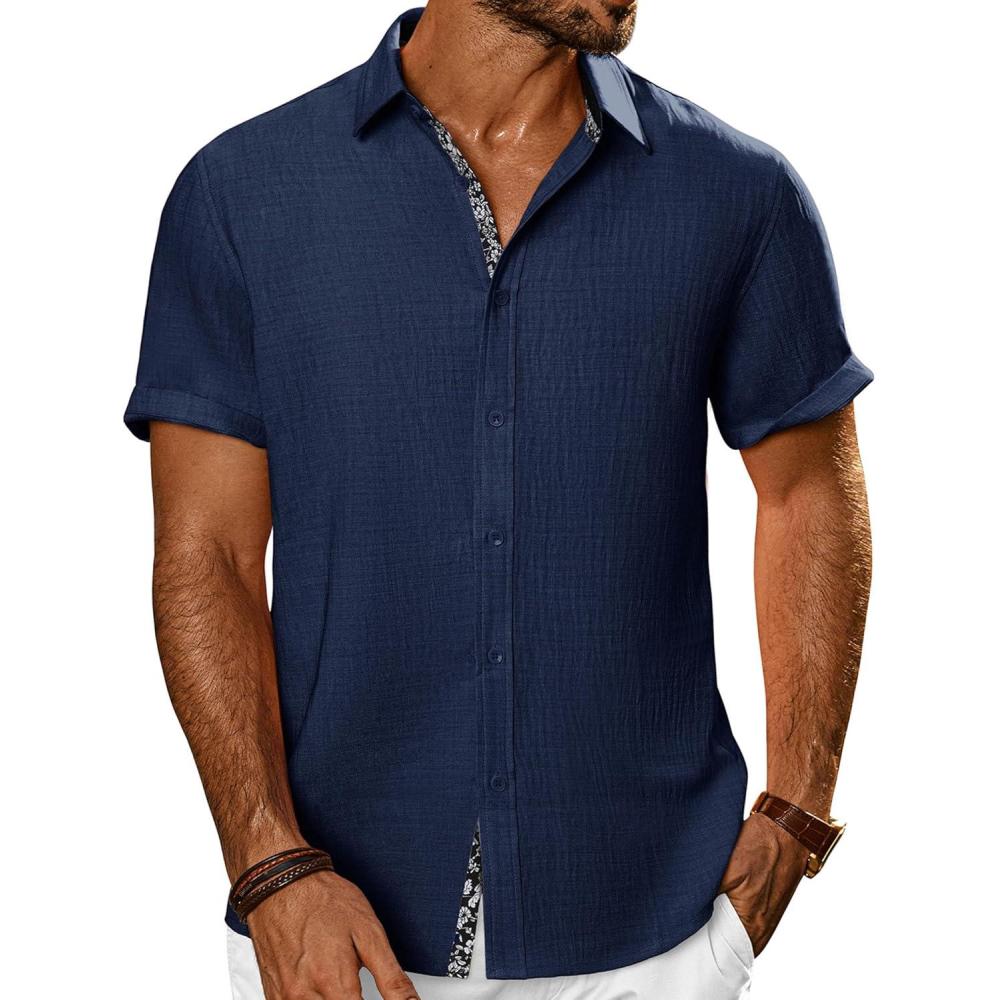 imagePJ PAUL JONES Mens Casual Short Sleeve Button Down Shirt Summer Beach Wedding ShirtNavy Blue