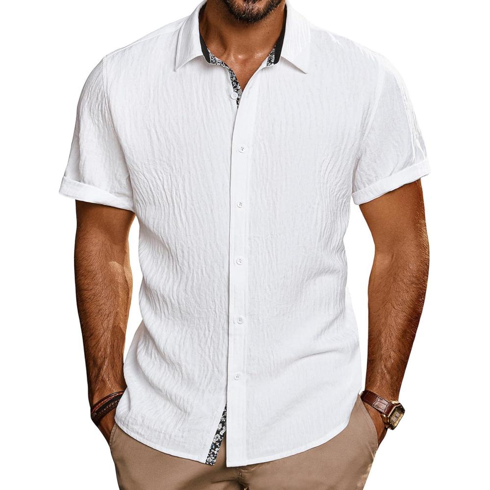 imagePJ PAUL JONES Mens Casual Short Sleeve Button Down Shirt Summer Beach Wedding ShirtWhite