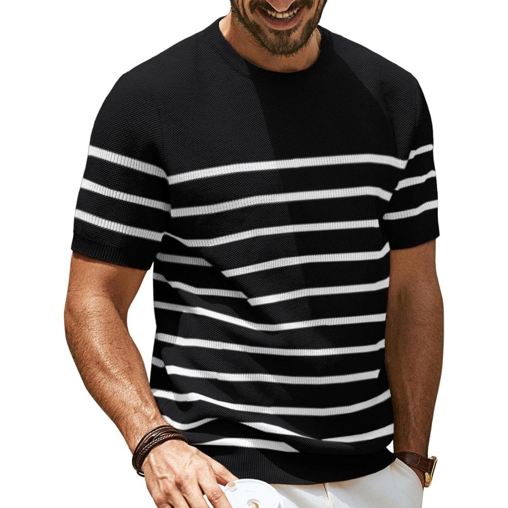 imagePJ PAUL JONES Mens Casual TShirts Classic Short Sleeve Knit Tees Crewneck Solid Tee ShirtsBlackstriped