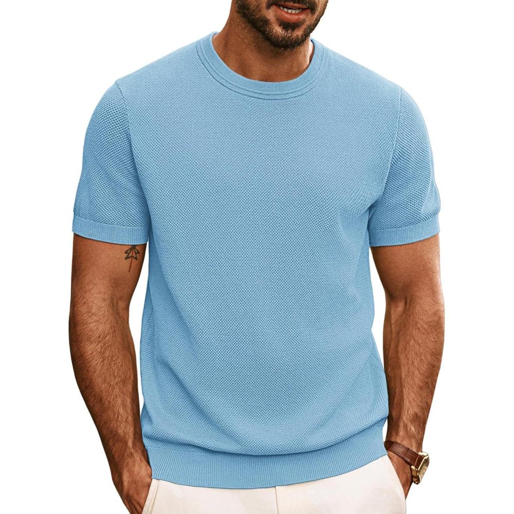 imagePJ PAUL JONES Mens Casual TShirts Classic Short Sleeve Knit Tees Crewneck Solid Tee ShirtsLight Blue