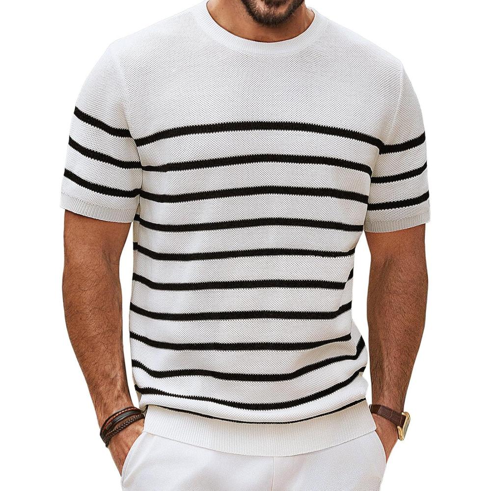 imagePJ PAUL JONES Mens Casual TShirts Classic Short Sleeve Knit Tees Crewneck Solid Tee ShirtsWhitestriped