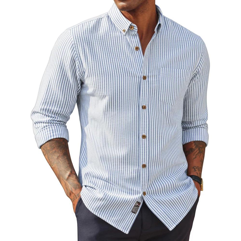 imagePJ PAUL JONES Mens Classic Fit LinenCotton Shirt Button Down Long Sleeve Casual Business ShirtsBlue Apricot Stripes