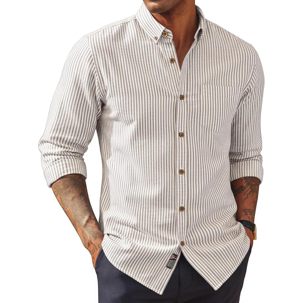 imagePJ PAUL JONES Mens Classic Fit LinenCotton Shirt Button Down Long Sleeve Casual Business ShirtsLight Beige Stripes