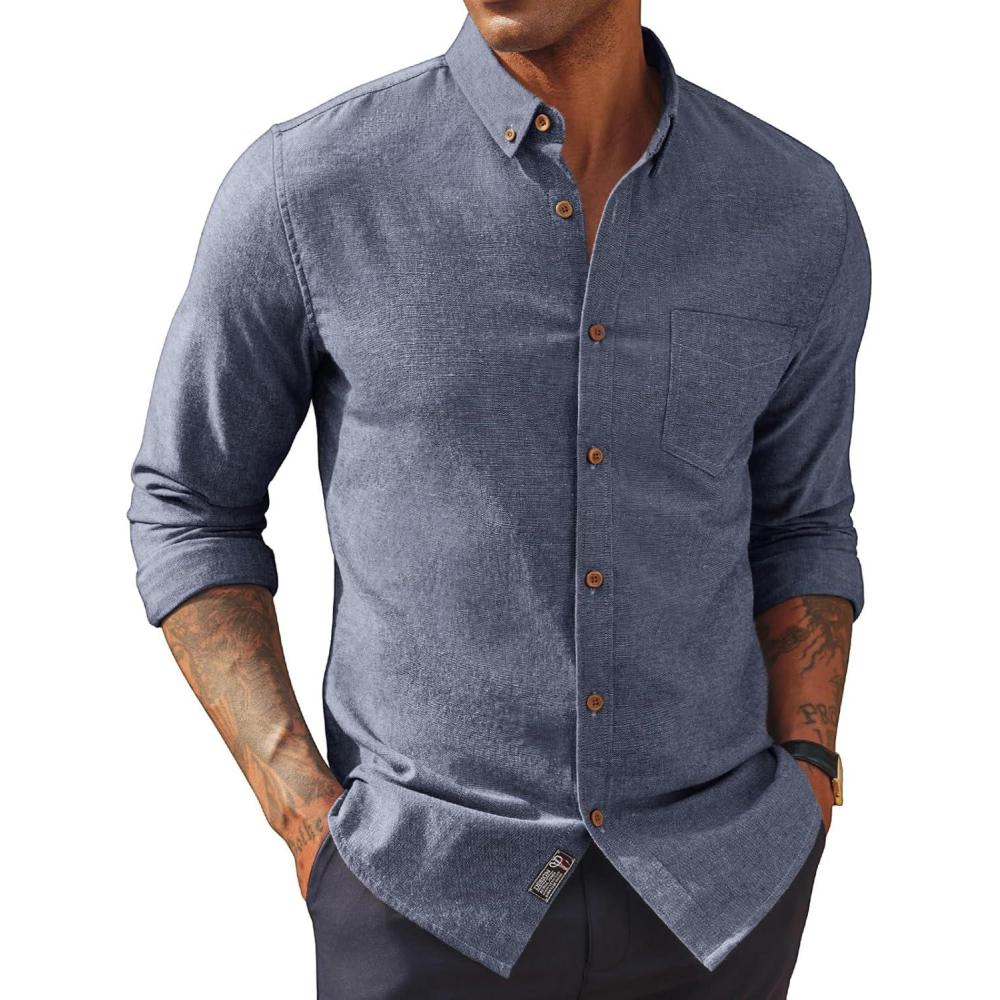 imagePJ PAUL JONES Mens Classic Fit LinenCotton Shirt Button Down Long Sleeve Casual Business ShirtsNavy Blue