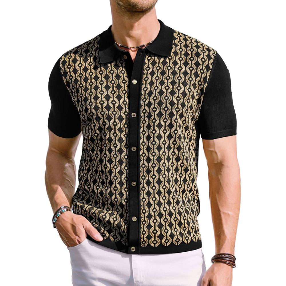 imagePJ PAUL JONES Mens Contrast 70s Vintage Polo Shirts Short Sleeve KnitwearBlackGold