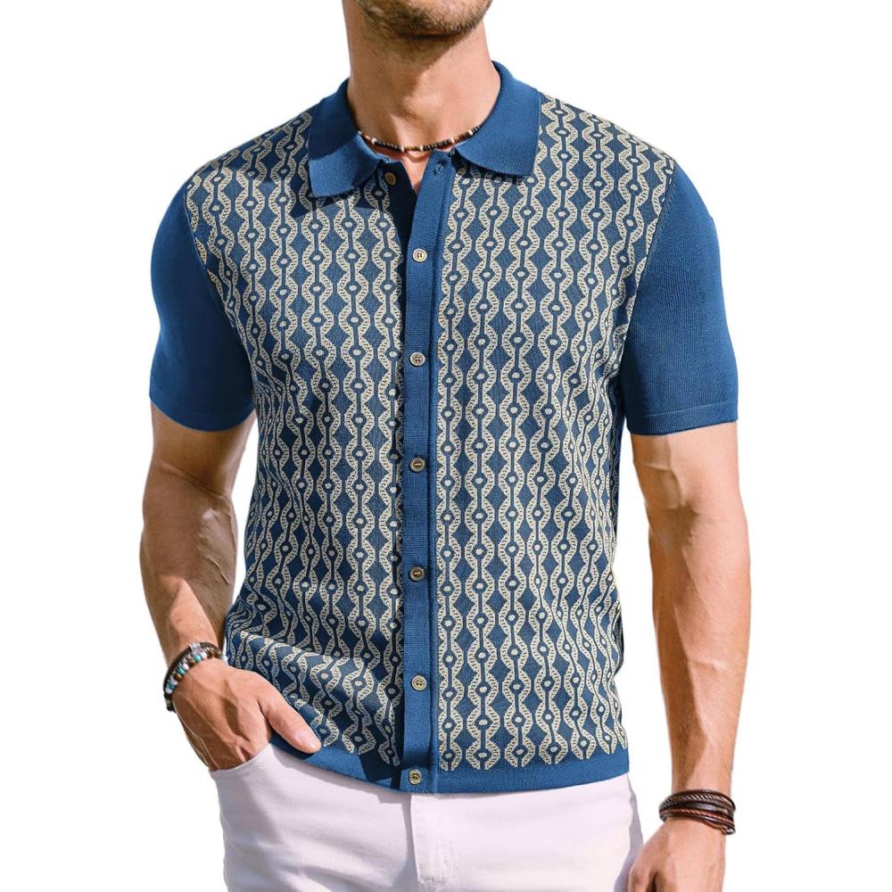 imagePJ PAUL JONES Mens Contrast 70s Vintage Polo Shirts Short Sleeve KnitwearBlue