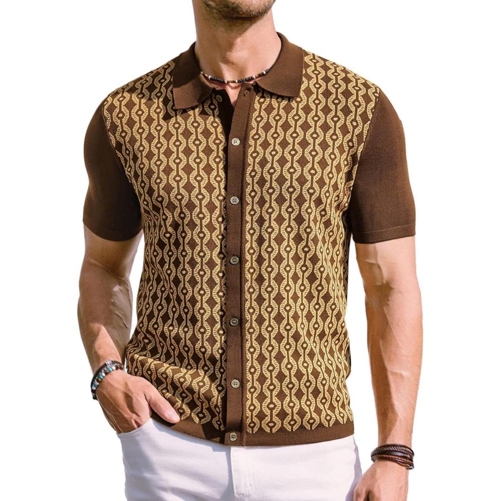 imagePJ PAUL JONES Mens Contrast 70s Vintage Polo Shirts Short Sleeve KnitwearBrown