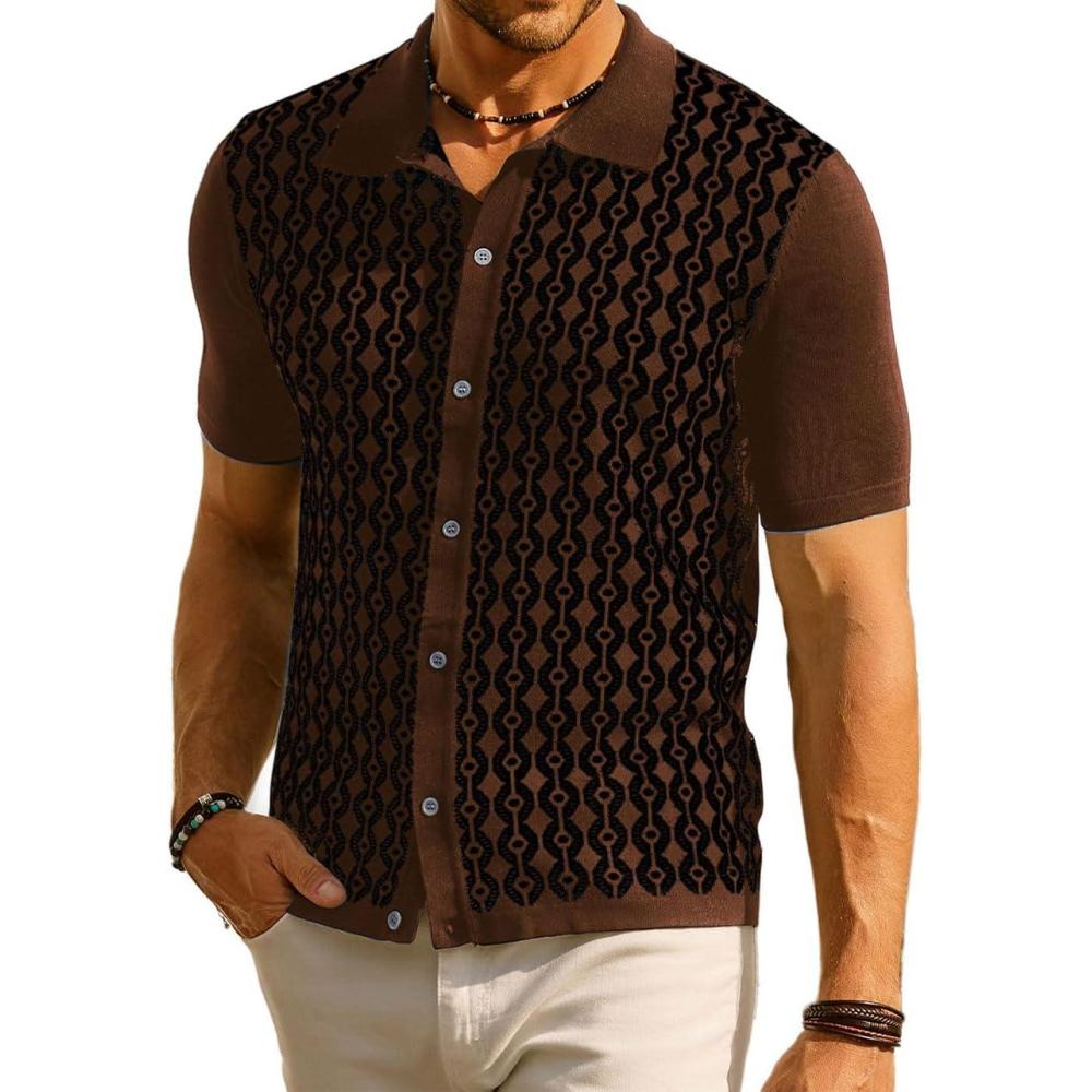 imagePJ PAUL JONES Mens Contrast 70s Vintage Polo Shirts Short Sleeve KnitwearCaramelBlack
