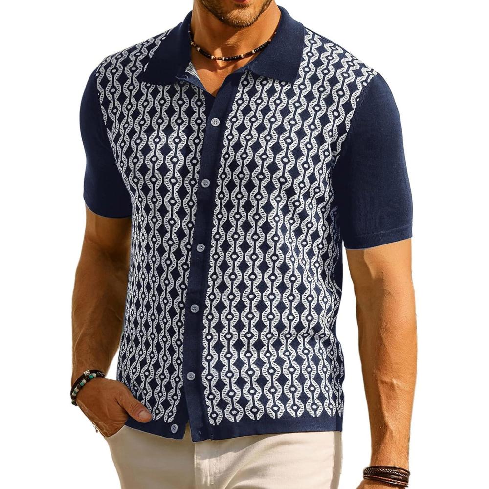 imagePJ PAUL JONES Mens Contrast 70s Vintage Polo Shirts Short Sleeve KnitwearNavy