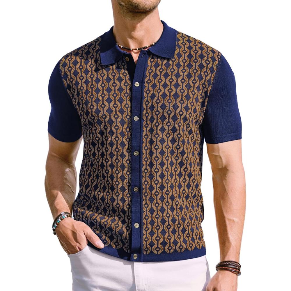 imagePJ PAUL JONES Mens Contrast 70s Vintage Polo Shirts Short Sleeve KnitwearNavyGold