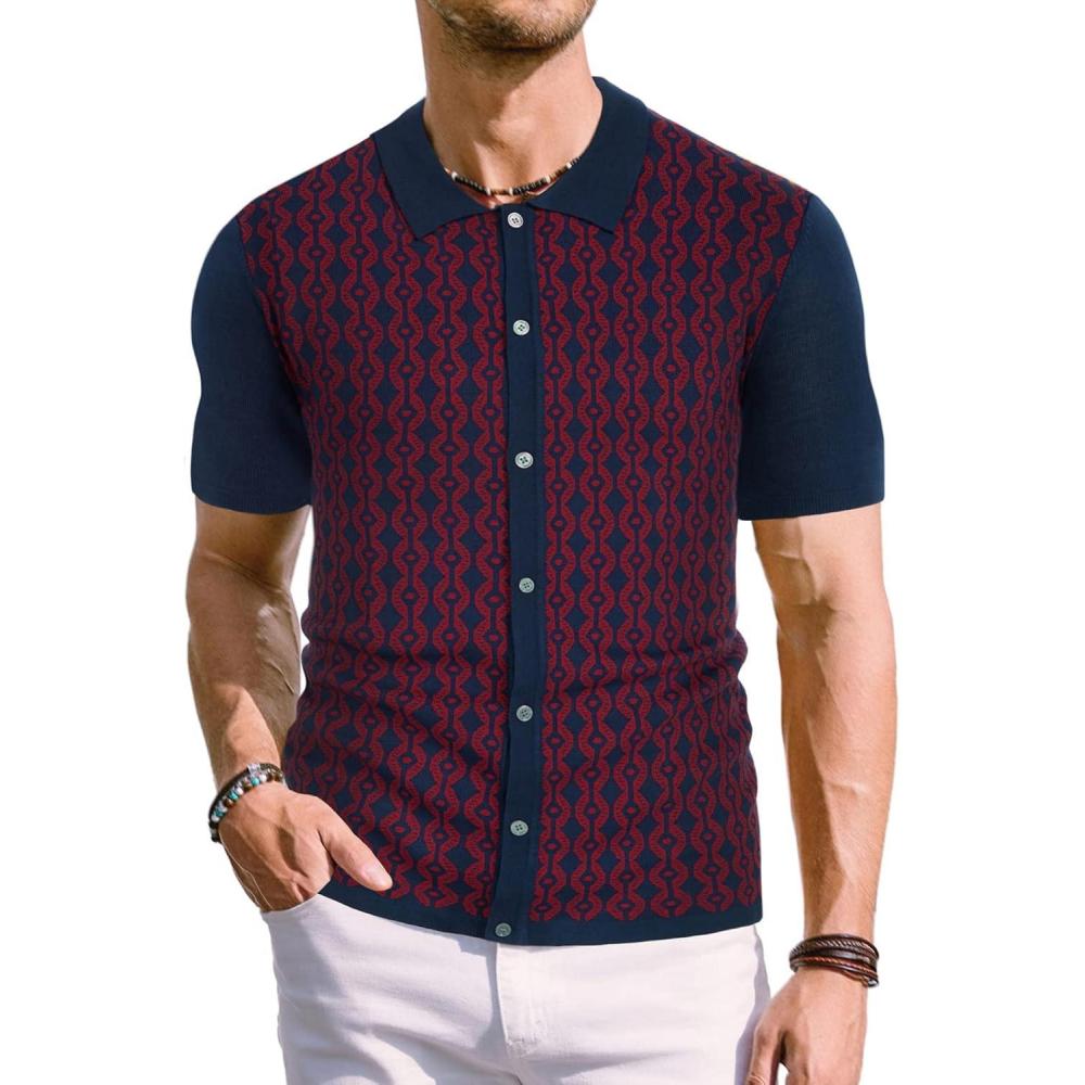 imagePJ PAUL JONES Mens Contrast 70s Vintage Polo Shirts Short Sleeve KnitwearRed