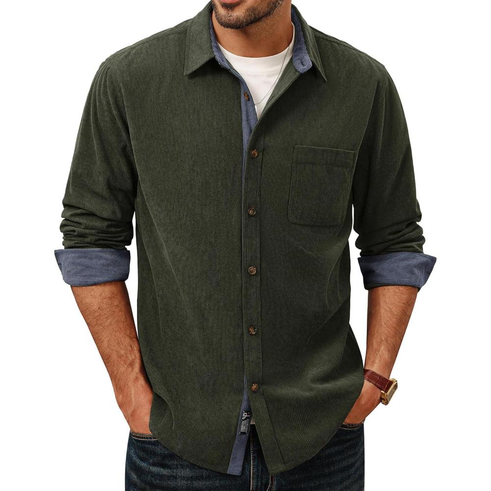 imagePJ PAUL JONES Mens Corduroy Button Down Shirt Long Sleeve Casual Collared Wrinkle Free Untucked Shirts with PocketArmy Green