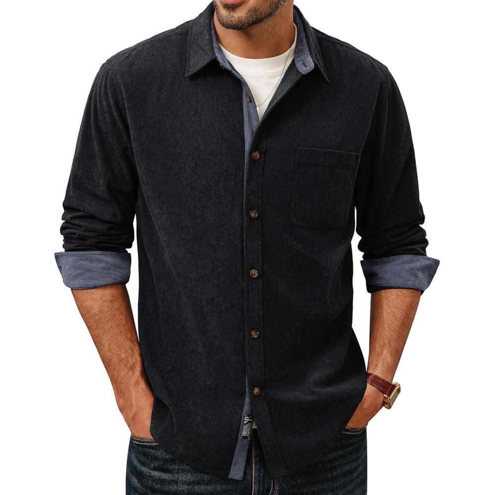 imagePJ PAUL JONES Mens Corduroy Button Down Shirt Long Sleeve Casual Collared Wrinkle Free Untucked Shirts with PocketBlack