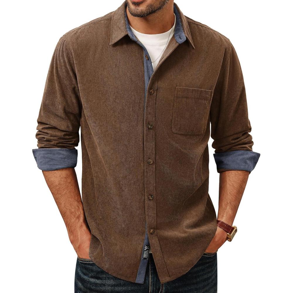 imagePJ PAUL JONES Mens Corduroy Button Down Shirt Long Sleeve Casual Collared Wrinkle Free Untucked Shirts with PocketBrown