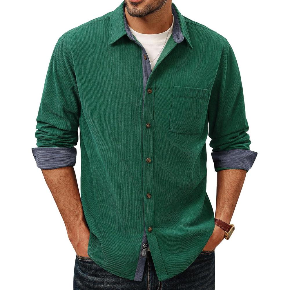 imagePJ PAUL JONES Mens Corduroy Button Down Shirt Long Sleeve Casual Collared Wrinkle Free Untucked Shirts with PocketGreen