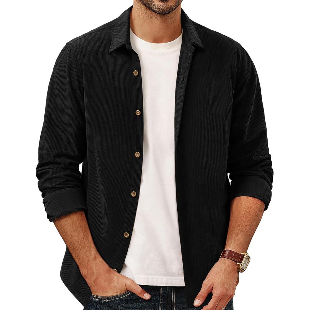 imagePJ PAUL JONES Mens Corduroy Shirts Casual Button Down Shirt Jacket Lightweight ShacketBlack