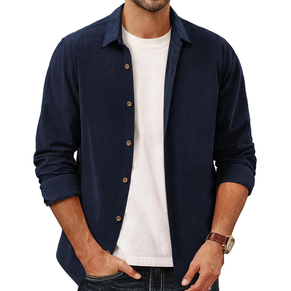 imagePJ PAUL JONES Mens Corduroy Shirts Casual Button Down Shirt Jacket Lightweight ShacketNavy Blue