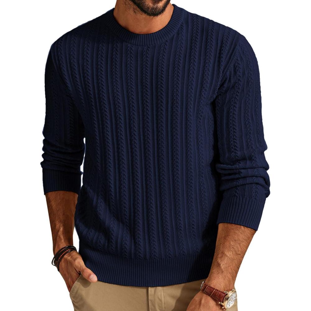 imagePJ PAUL JONES Mens Crew Neck Sweater Lightweight Cable Knitted Pullover SweatersDark Blue