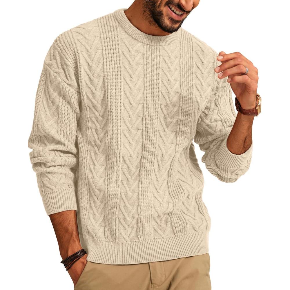 imagePJ PAUL JONES Mens Crewneck Sweater Casual Cable Knit Pullover Sweater Drop Shoulder Solid Knitted SweatersApricot