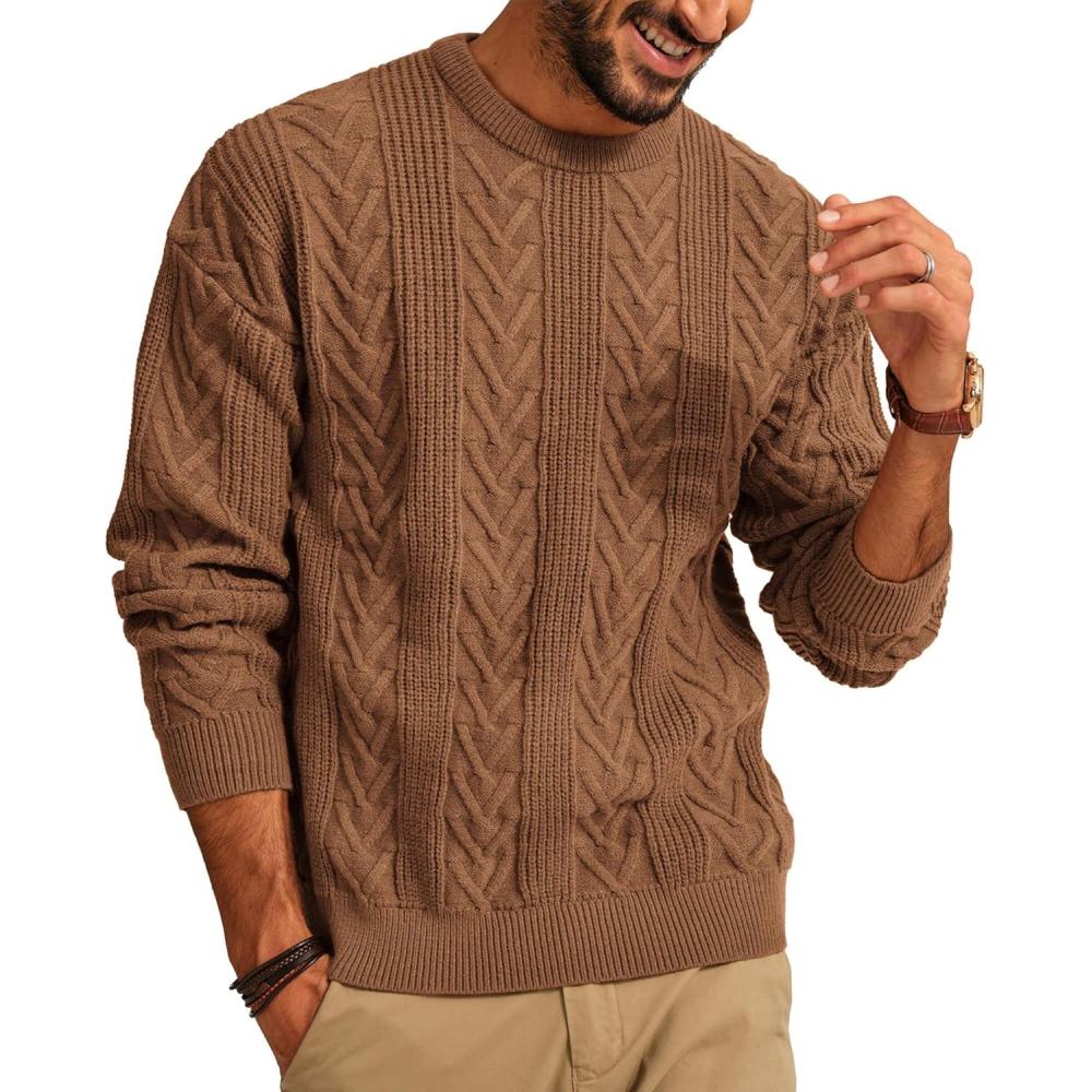 imagePJ PAUL JONES Mens Crewneck Sweater Casual Cable Knit Pullover Sweater Drop Shoulder Solid Knitted SweatersBrown