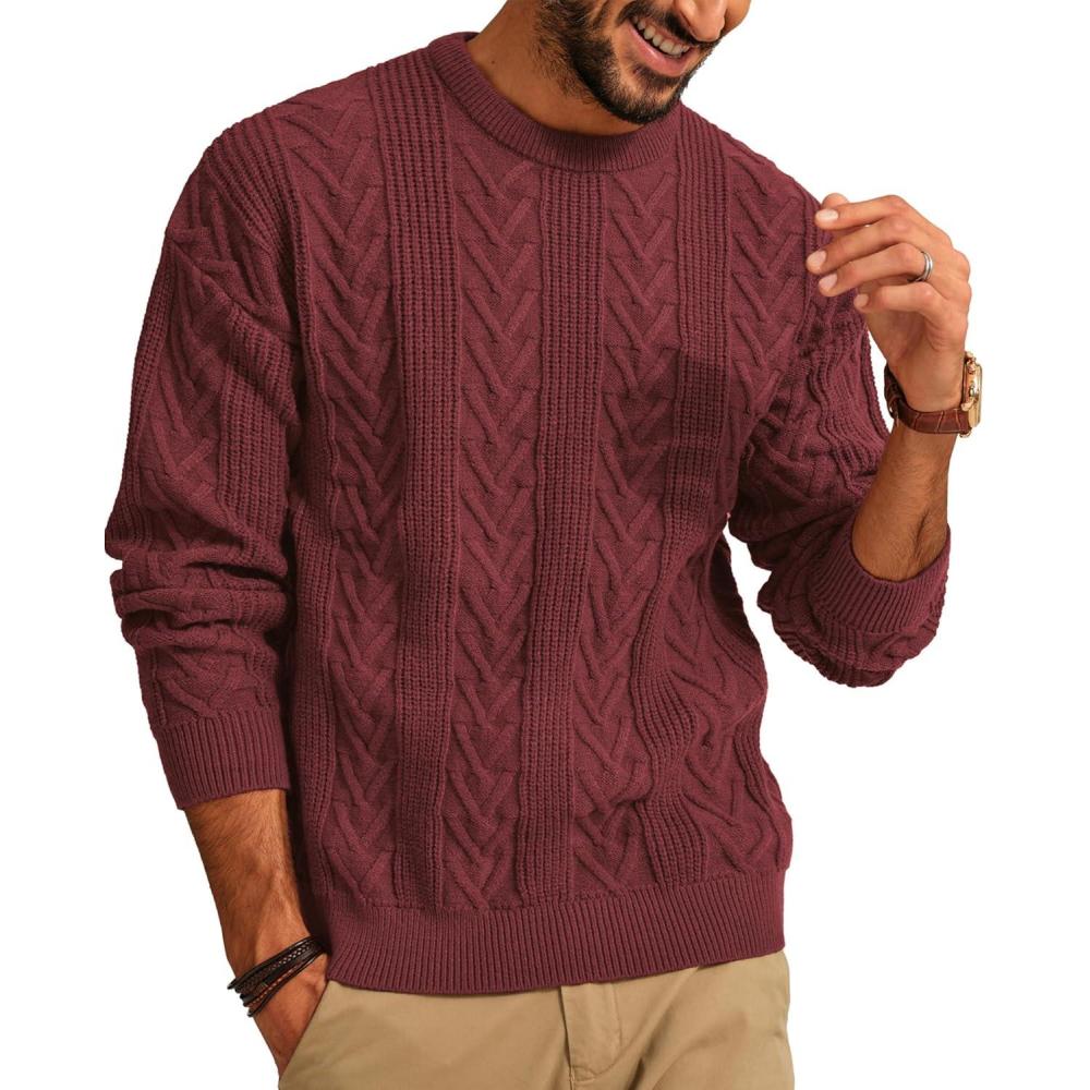 imagePJ PAUL JONES Mens Crewneck Sweater Casual Cable Knit Pullover Sweater Drop Shoulder Solid Knitted SweatersBurgundy