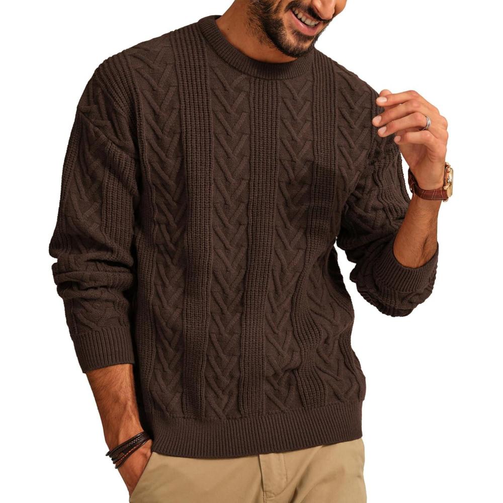 imagePJ PAUL JONES Mens Crewneck Sweater Casual Cable Knit Pullover Sweater Drop Shoulder Solid Knitted SweatersDark Brown