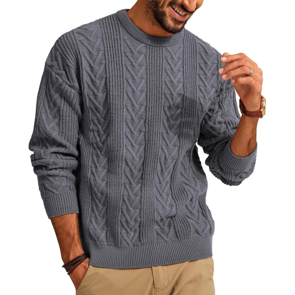 imagePJ PAUL JONES Mens Crewneck Sweater Casual Cable Knit Pullover Sweater Drop Shoulder Solid Knitted SweatersGray