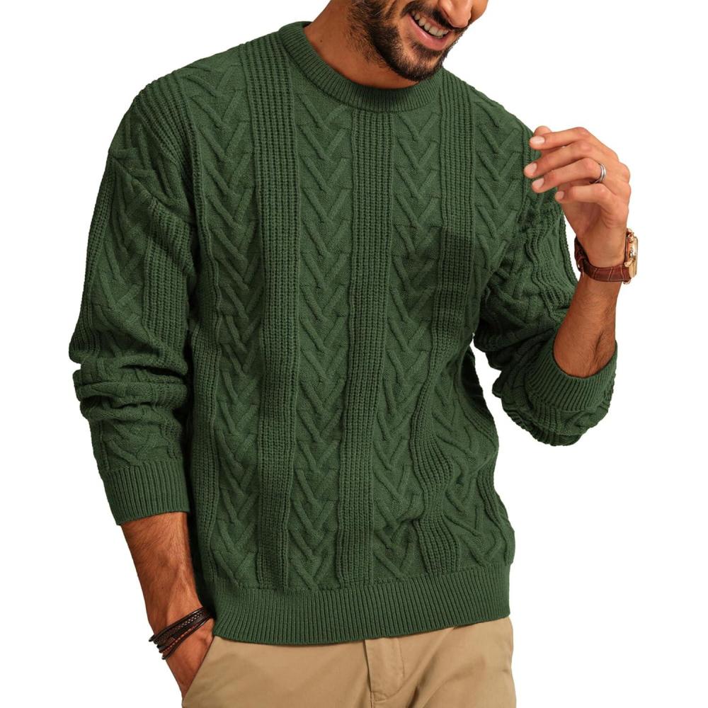imagePJ PAUL JONES Mens Crewneck Sweater Casual Cable Knit Pullover Sweater Drop Shoulder Solid Knitted SweatersGreen