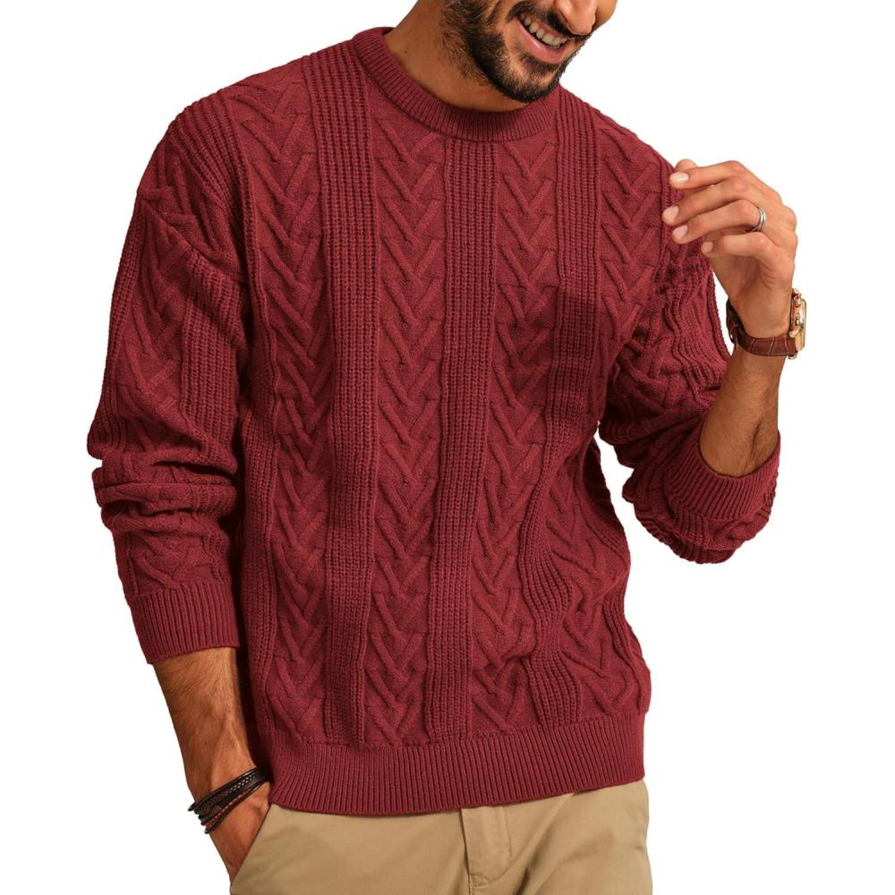 imagePJ PAUL JONES Mens Crewneck Sweater Casual Cable Knit Pullover Sweater Drop Shoulder Solid Knitted SweatersRed
