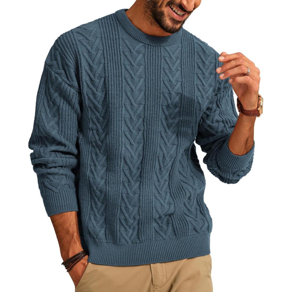 imagePJ PAUL JONES Mens Crewneck Sweater Casual Cable Knit Pullover Sweater Drop Shoulder Solid Knitted SweatersRoyal Blue