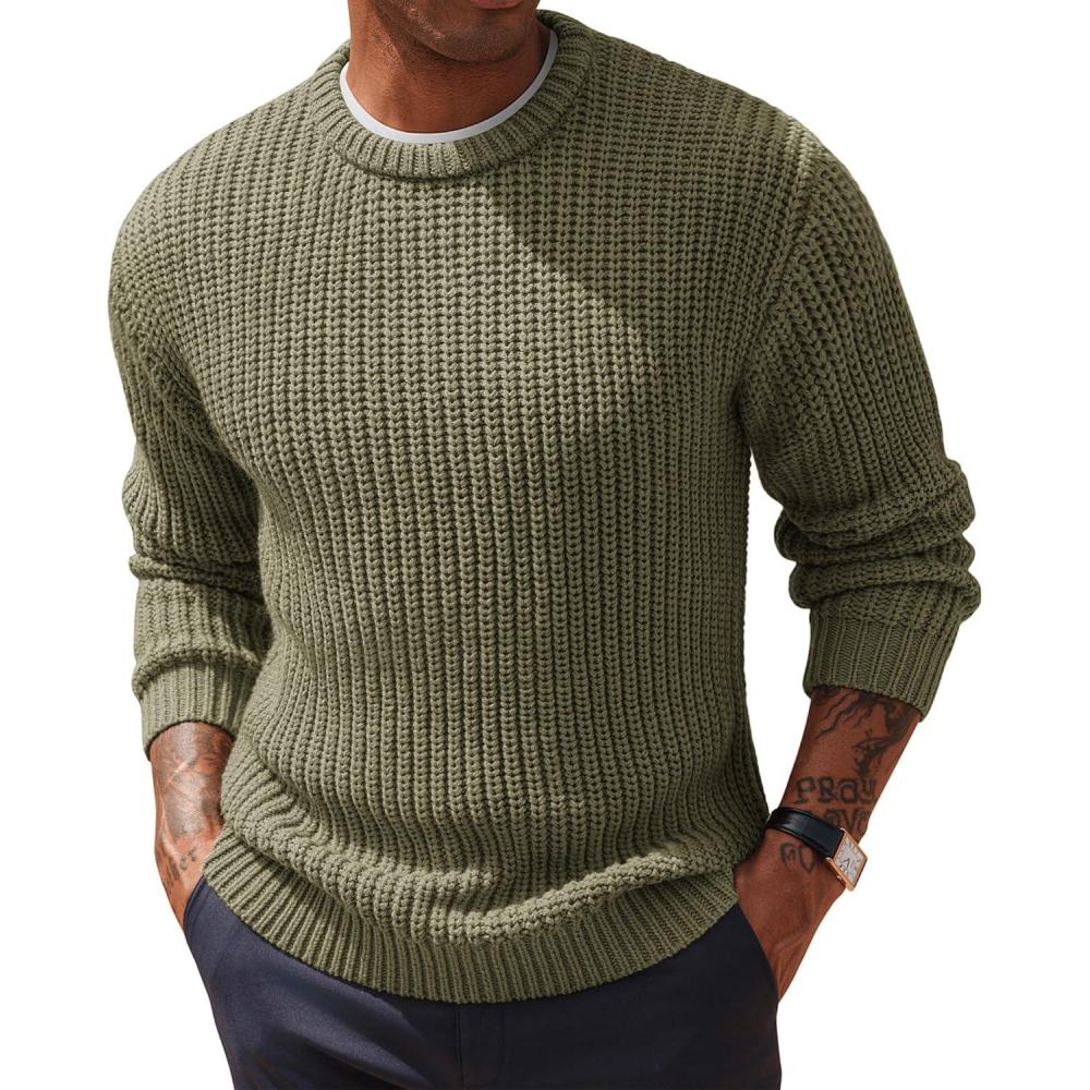 imagePJ PAUL JONES Mens Crewneck Sweater Knitted Textured Casual Pullover for WinterGrey Green